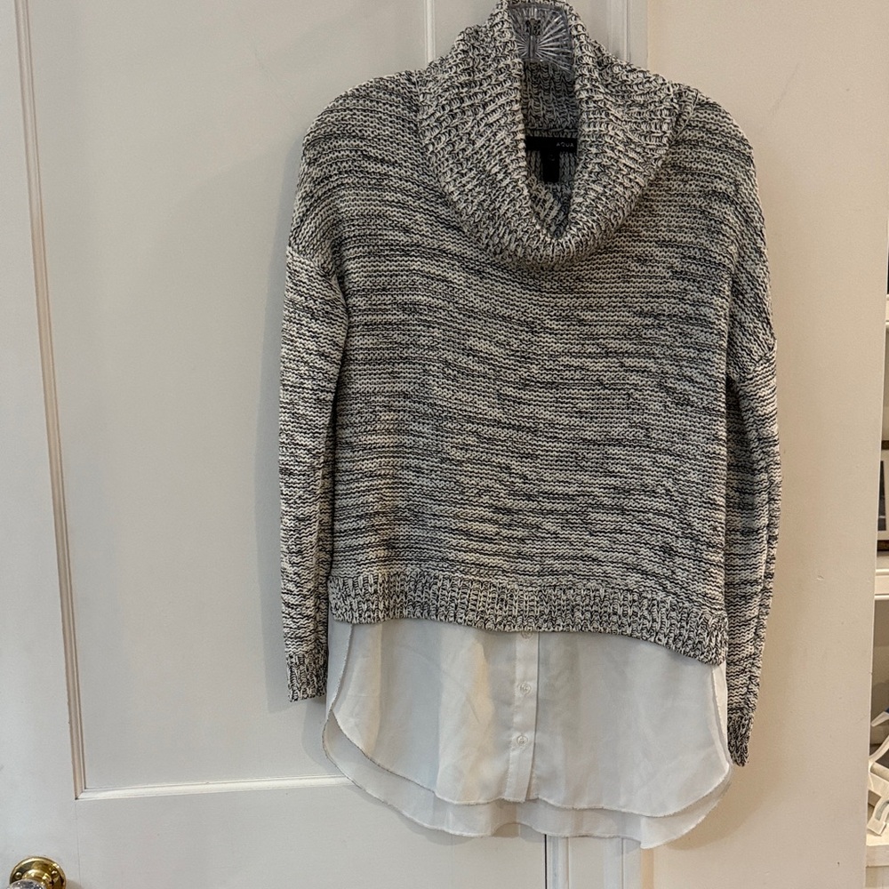 Aqua Gray Cowl Neck Sweater with White Layered Hem